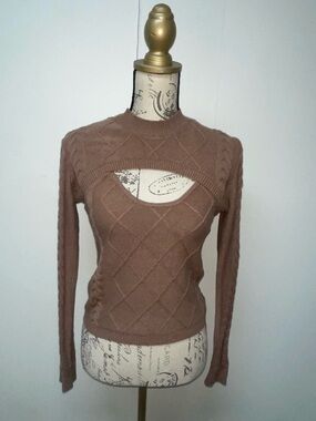 moon & madison Brown Cutout Cable-Knit Crewneck Sweater